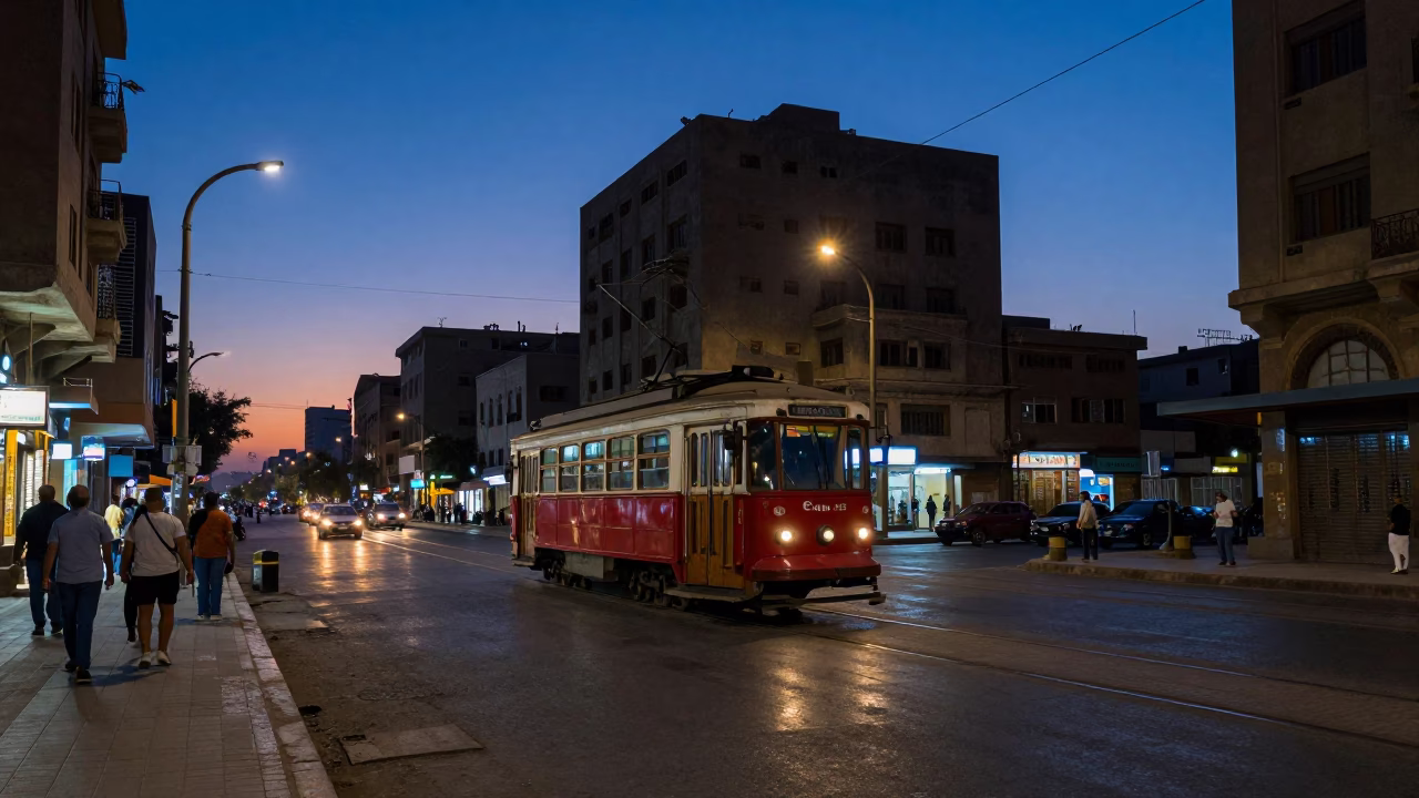 Cairo Egypt Blue Hour Street Scene with Tramcar and Urban Architecture in in Cairo, Egypt