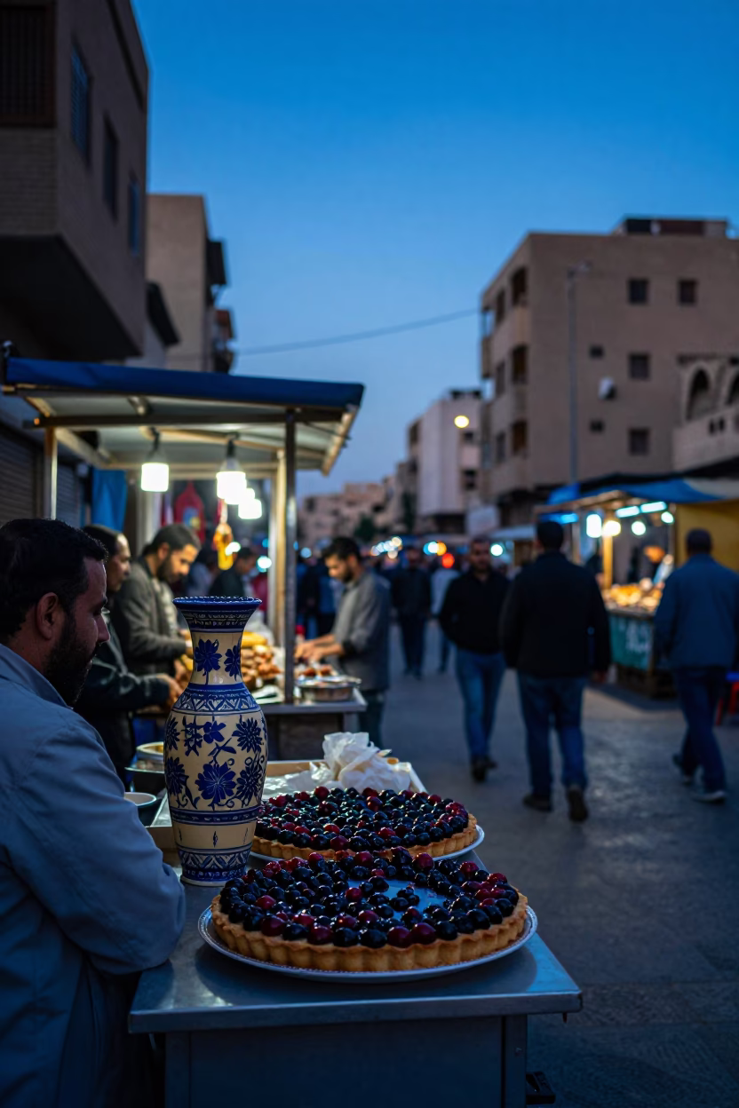 Cairo Egypt Blue Hour Street Scene with Vase and Berry Tart on Busy Table in in Cairo, Egypt