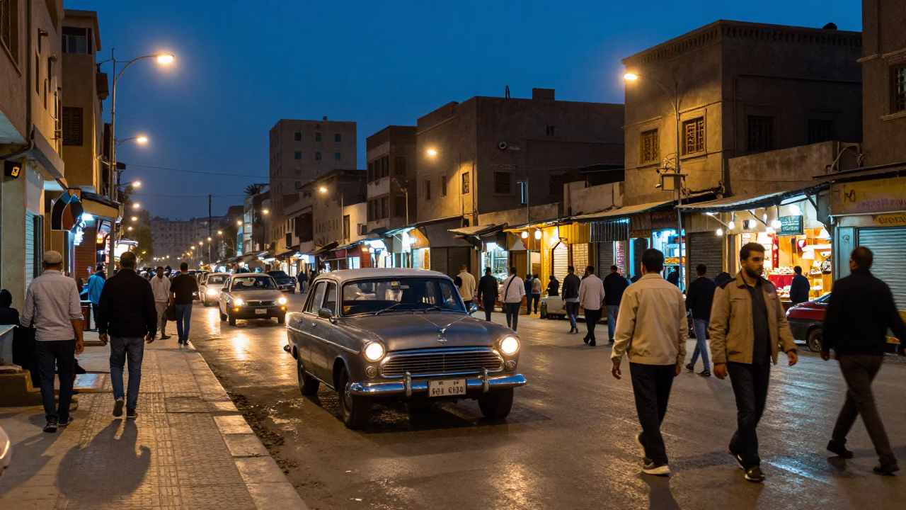 Cairo Egypt blue hour street scene with vintage car and bustling market ambiance in in Cairo, Egypt