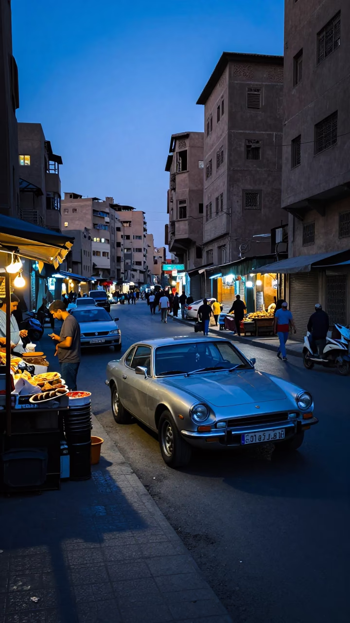 Cairo Egypt Blue Hour Street Scene with Vintage Car and Local Vendor in in Cairo, Egypt