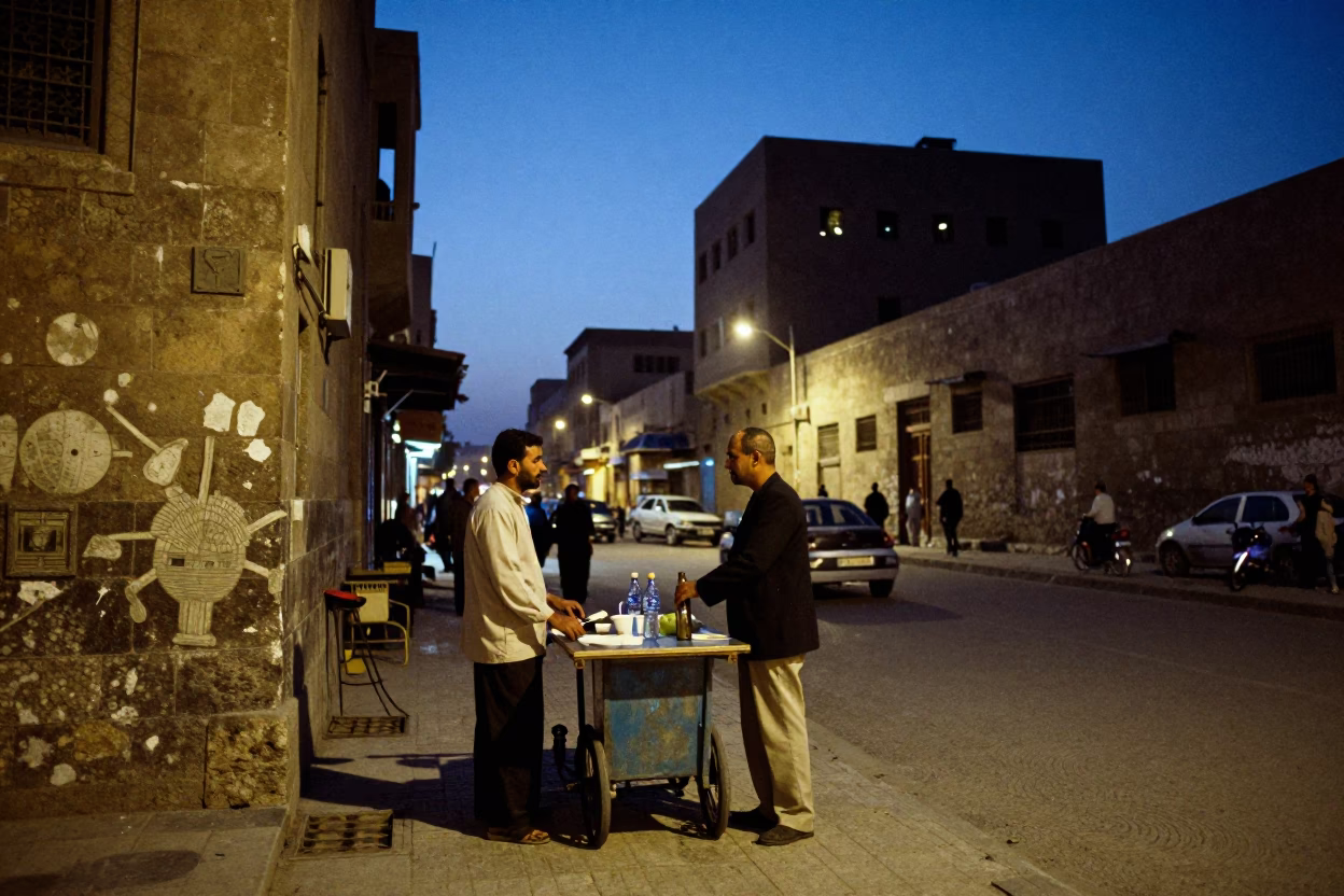 Cairo Egypt Blue Hour Street Scene with Water Bottle and Local Interaction in in Cairo, Egypt