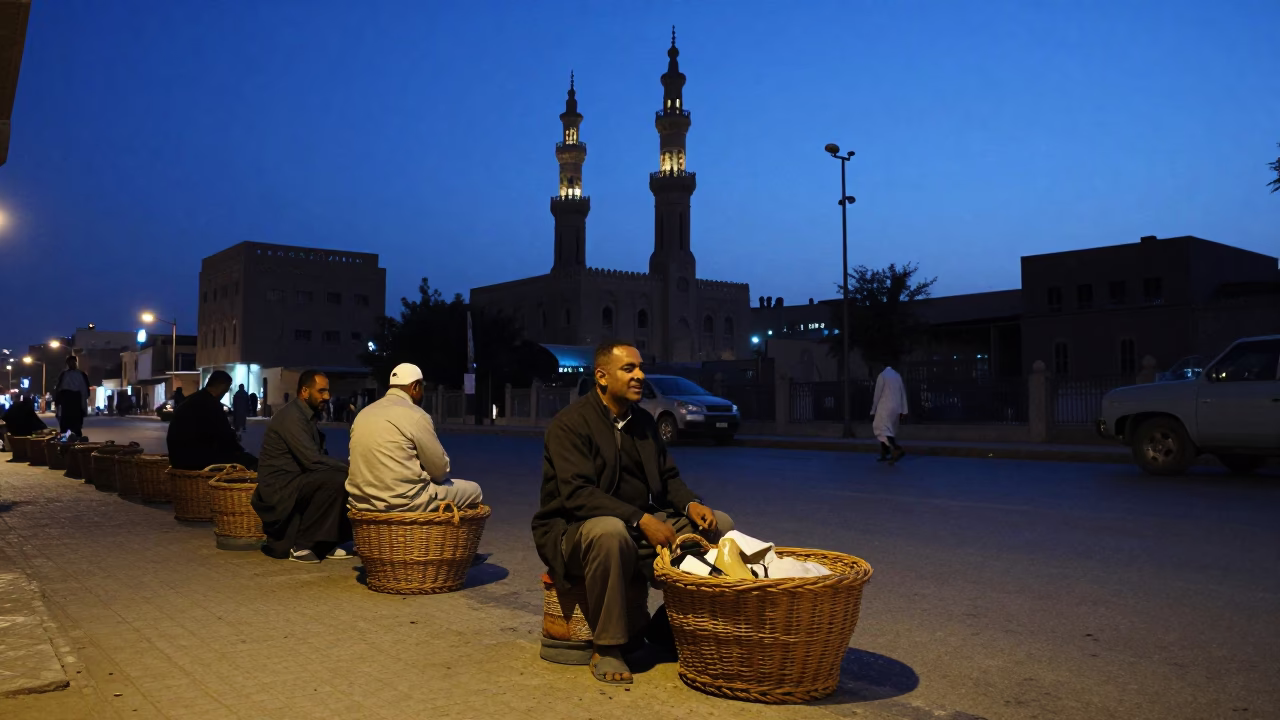 Cairo Egypt Blue Hour Street Scene with Wicker Basket and Local Vendor in in Cairo, Egypt