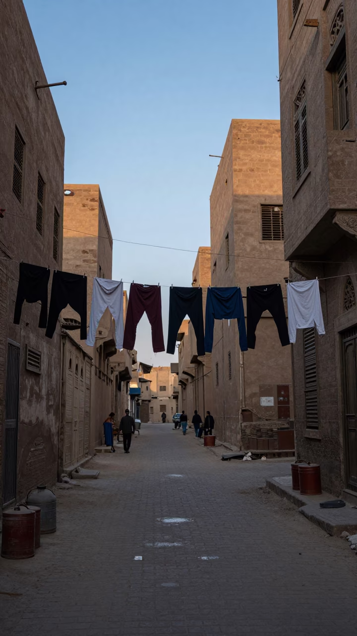 Cairo Egypt Dawn Street Scene with Clothesline and Vintage Canisters Before Sunrise in in Cairo, Egypt