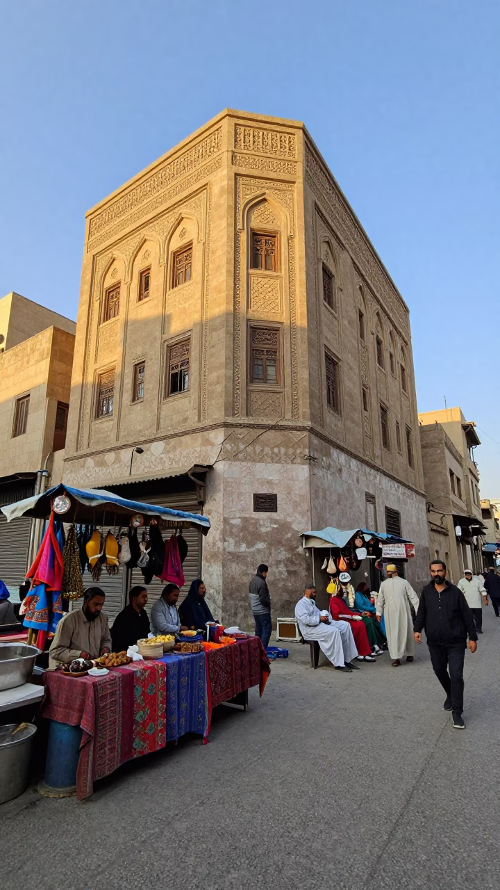 Cairo Egypt Dawn Street Scene with Colorful Vendors and Traditional Architecture in in Cairo, Egypt