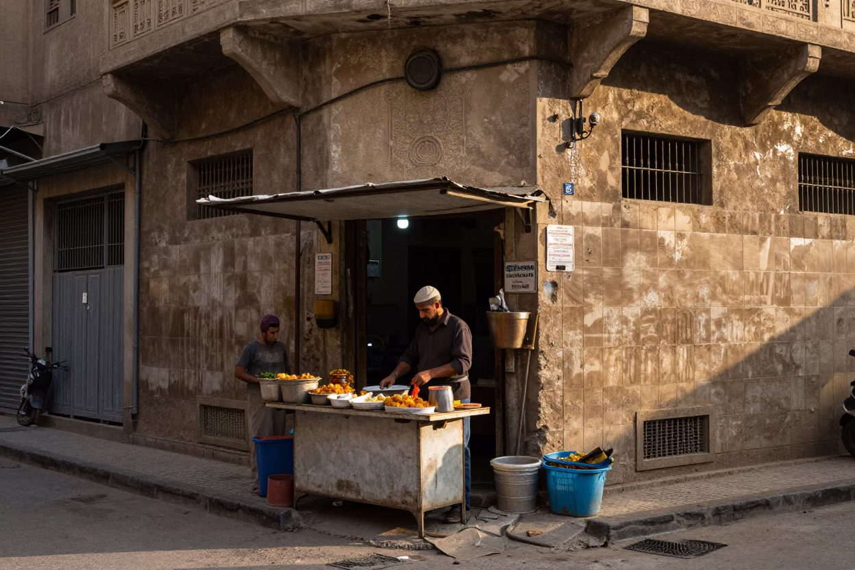 Cairo Egypt Dawn Street Scene with Dusty Tiles and Fig Tree Fruit in in Cairo, Egypt