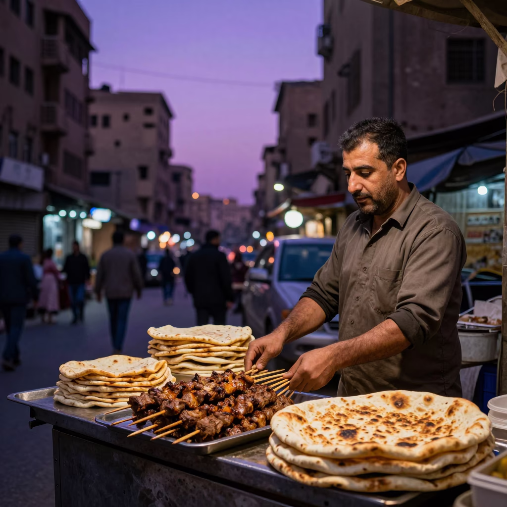 Cairo Egypt Dawn Street Scene with Kebab Koobideh and Lavash Bread in in Cairo, Egypt