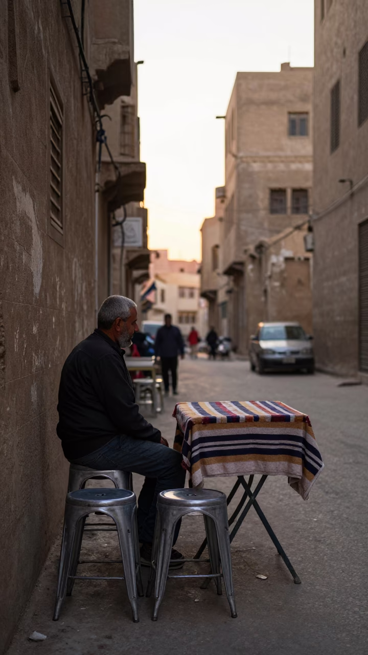 Cairo Egypt Dawn Street Scene with Metal Stools and Striped Towel in in Cairo, Egypt