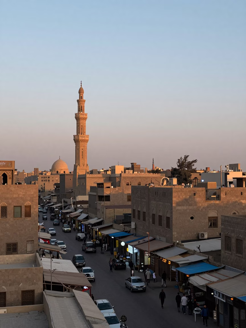 Cairo Egypt Dawn Street Scene with Minaret and Traditional Market Activity in in Cairo, Egypt