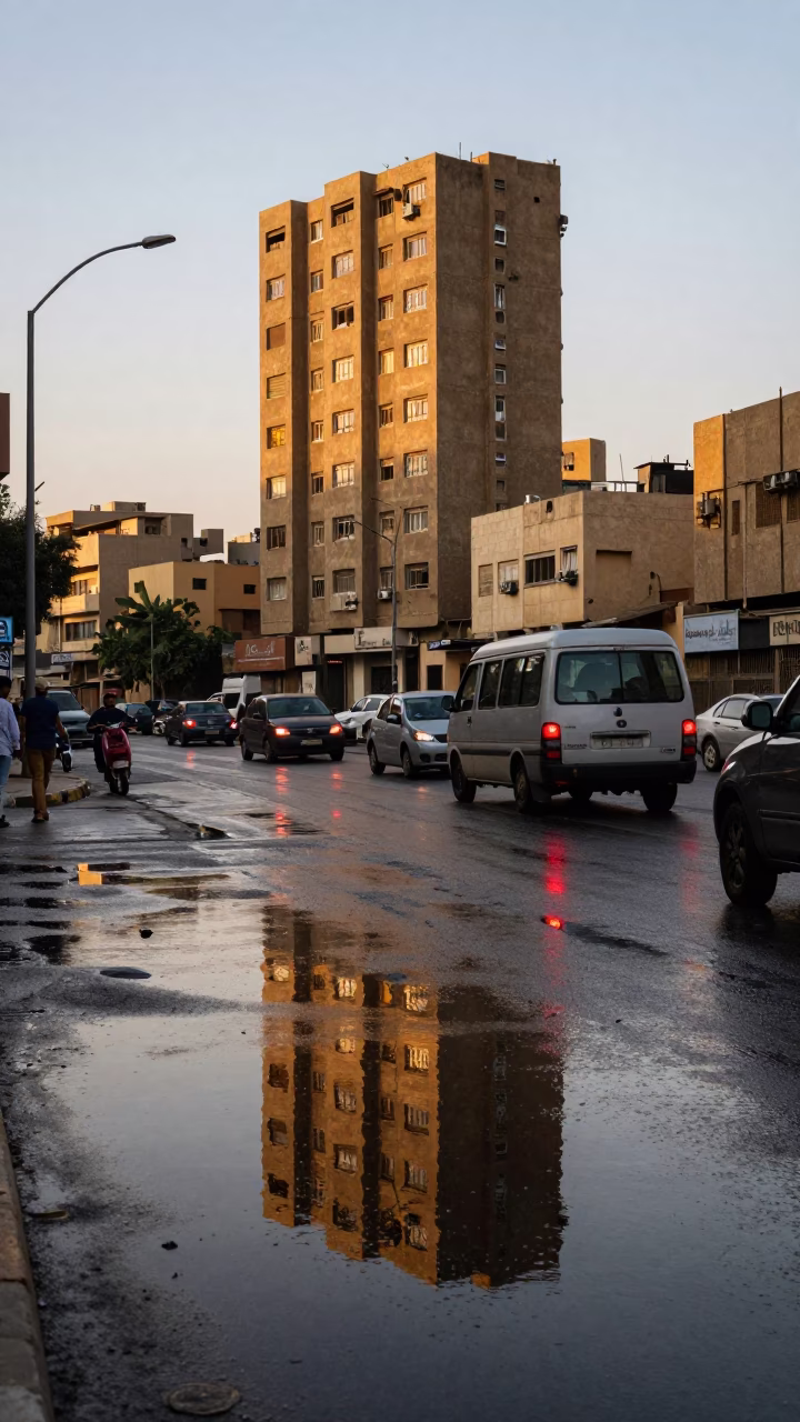 Cairo Egypt Dawn Street Scene with Puddle Reflections and Hotel Lights in in Cairo, Egypt