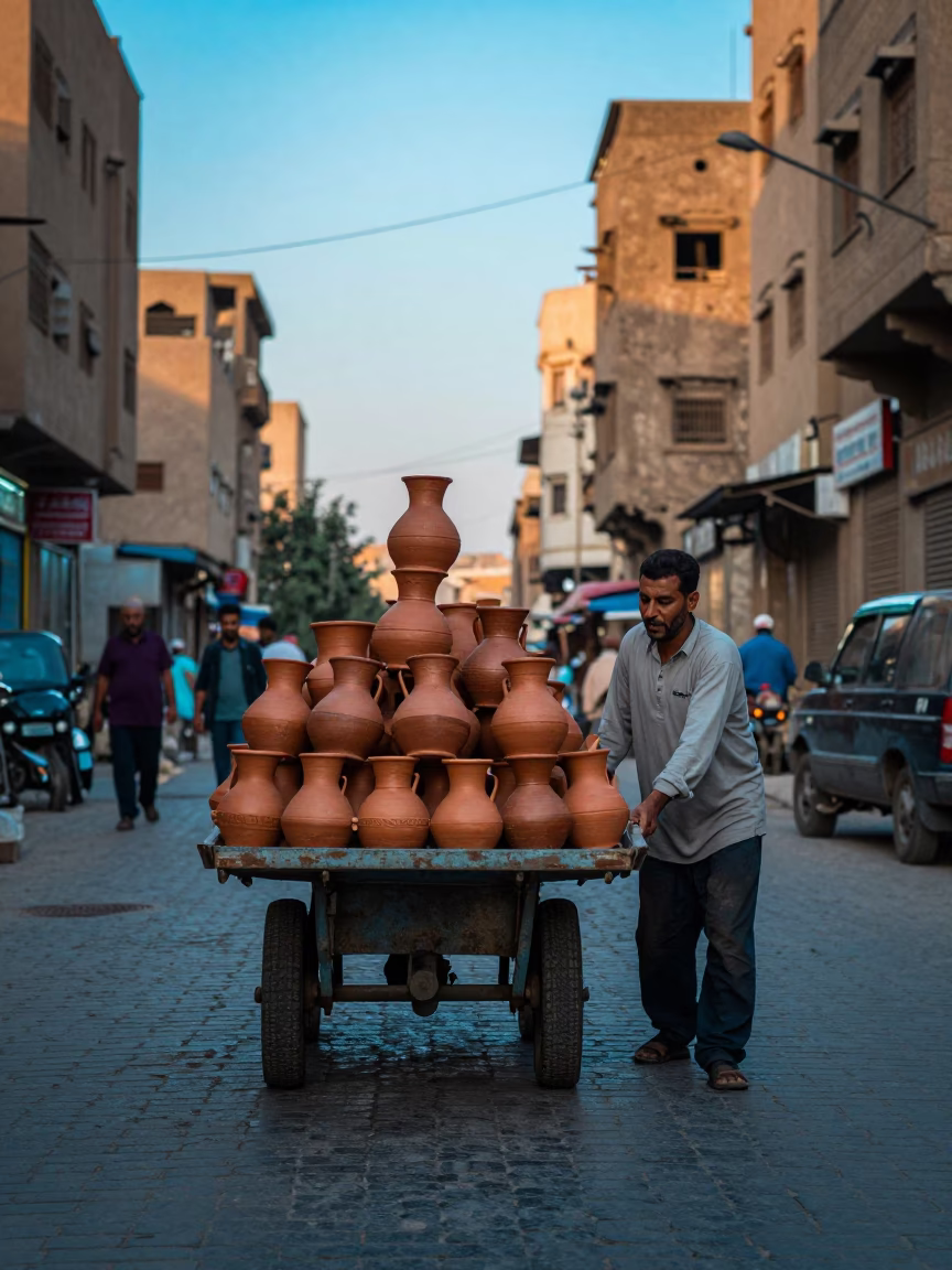 Cairo Egypt Dawn Street Scene with Rolling Carts and Local Market Activity in in Cairo, Egypt