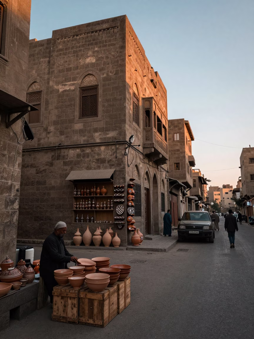 Cairo Egypt Dawn Street Scene with Traditional Pottery and Morning Light in in Cairo, Egypt
