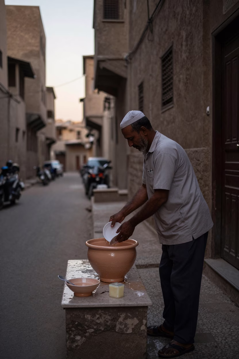 Cairo Egypt Dawn Street Scene with Utensil Crock and Soap Residue in in Cairo, Egypt