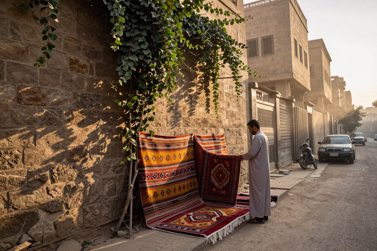 Cairo Egypt Dawn Street Scene with Vintage Linen Fringe and Morning Light in in Cairo, Egypt