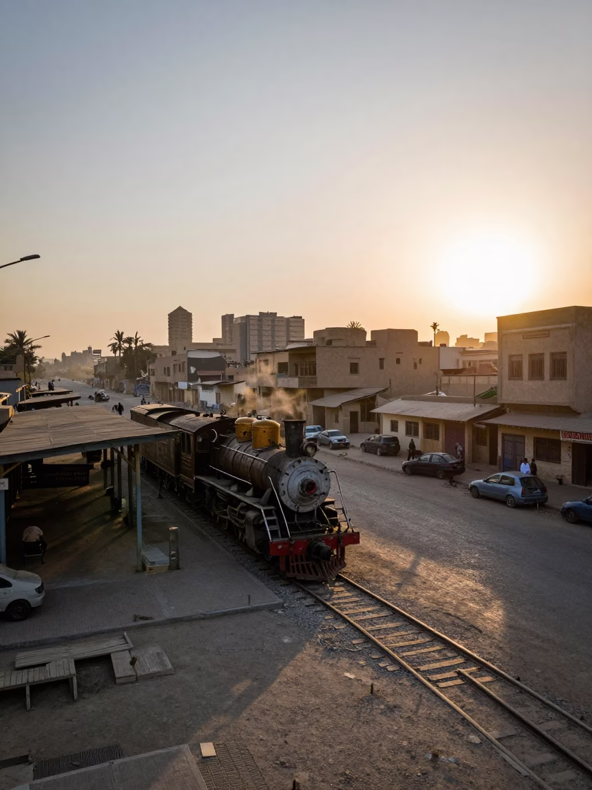 Cairo Egypt Dawn Street Scene with Vintage Locomotive and Local Market Activity in in Cairo, Egypt