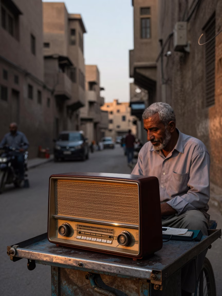Cairo Egypt Dawn Street Scene with Vintage Radio and Morning Routine in in Cairo, Egypt