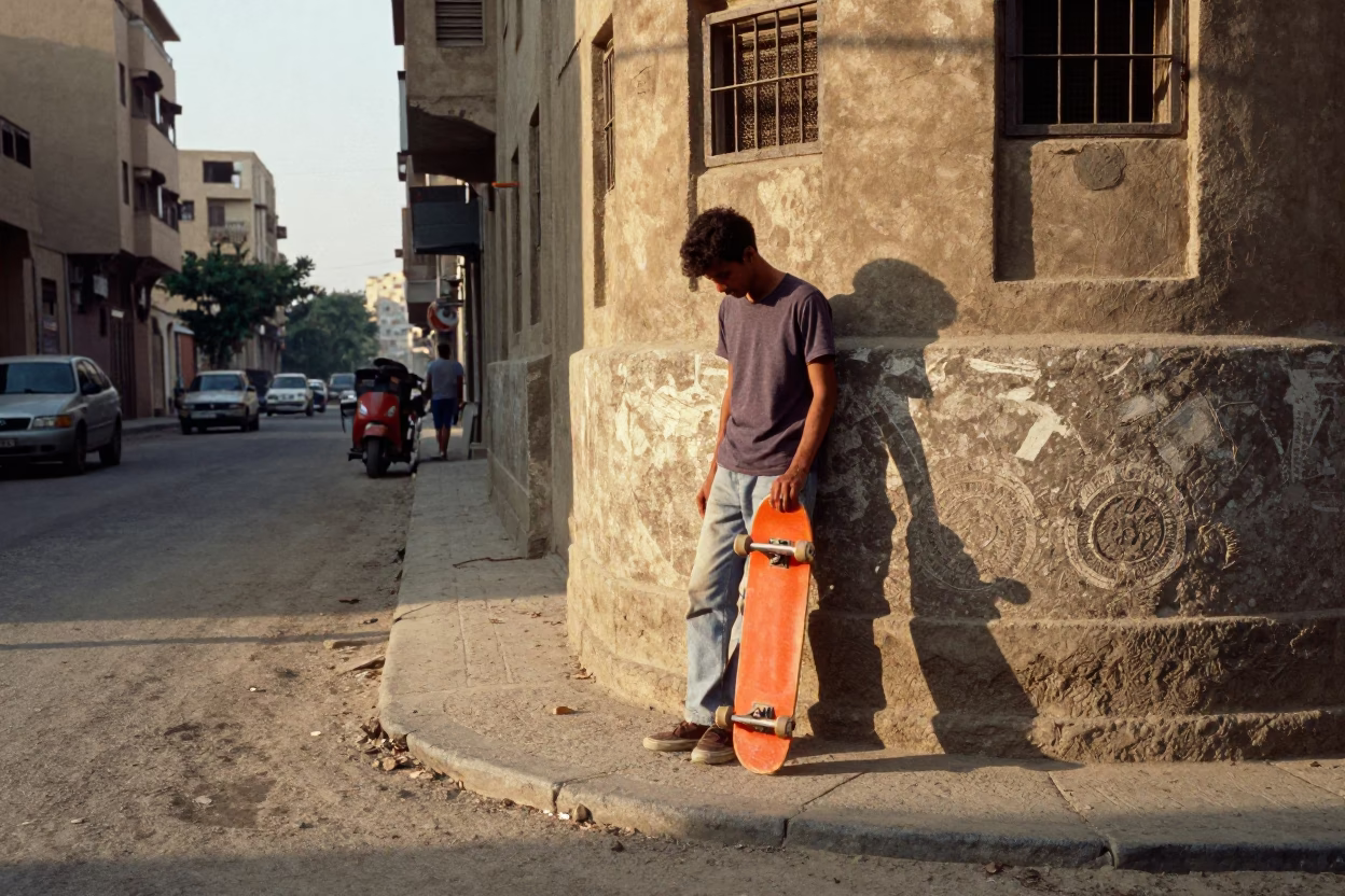 Cairo Egypt Dawn Street Scene with Vintage Skateboard and Concrete Architecture in in Cairo, Egypt