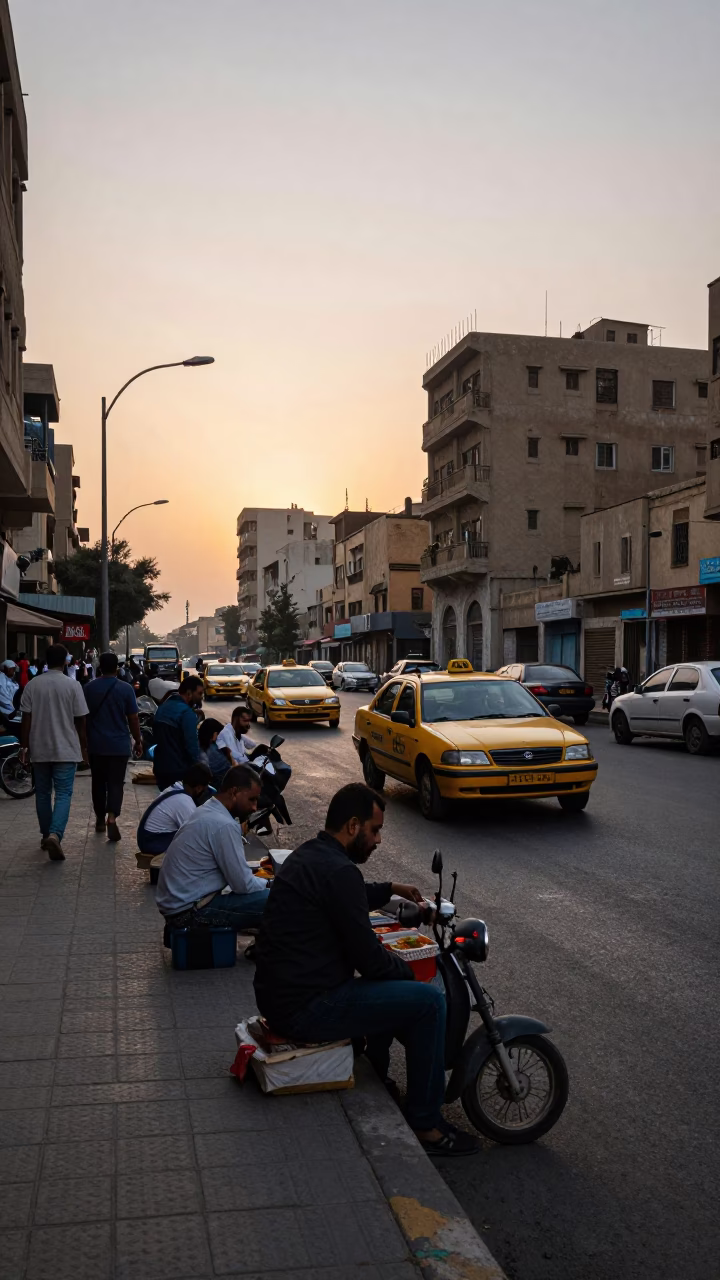 Cairo Egypt Dawn Street Scene Yellow Taxi and Busy Morning Traffic in in Cairo, Egypt