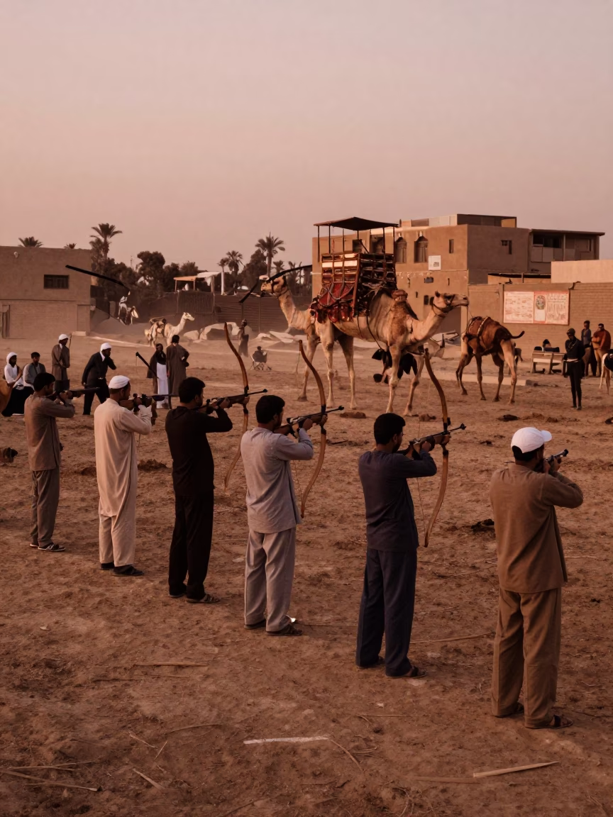Cairo Egypt Dusk Street Scene with Camel Caravan and Traditional Archery Contest in in Cairo, Egypt