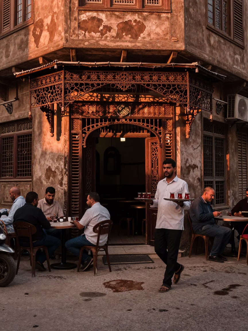 Cairo Egypt Dusk Street Scene with Tea Stains and Traditional Cafe Culture in in Cairo, Egypt