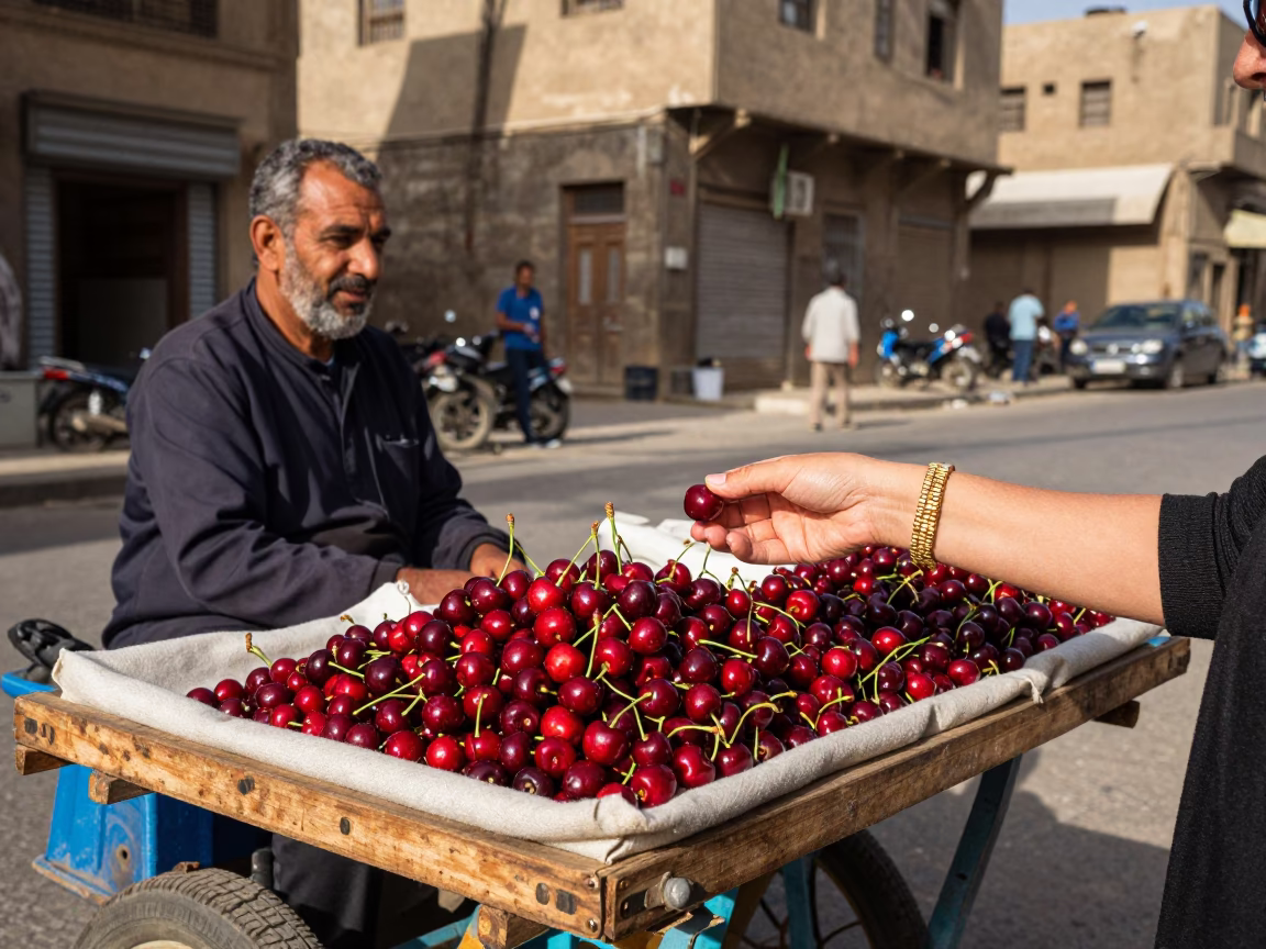 Cairo Egypt Early Afternoon Street Scene with Cherries and Charm Bracelet in in Cairo, Egypt