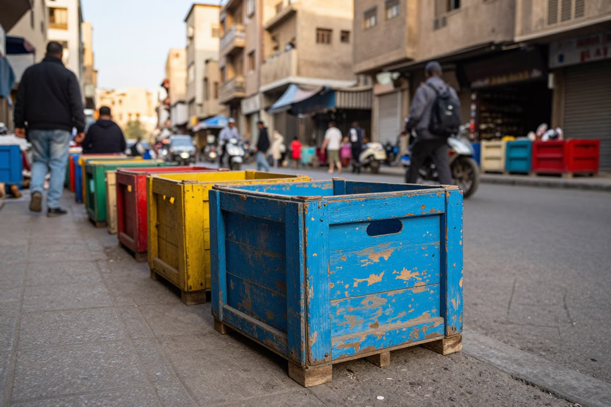 Cairo Egypt Early Afternoon Street Scene with Colorful Market Crate and Daily Life in in Cairo, Egypt