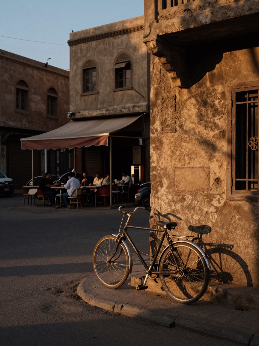 Cairo Egypt Early Evening Street Scene with Bicycle Leaning Against Cafe Wall in in Cairo, Egypt