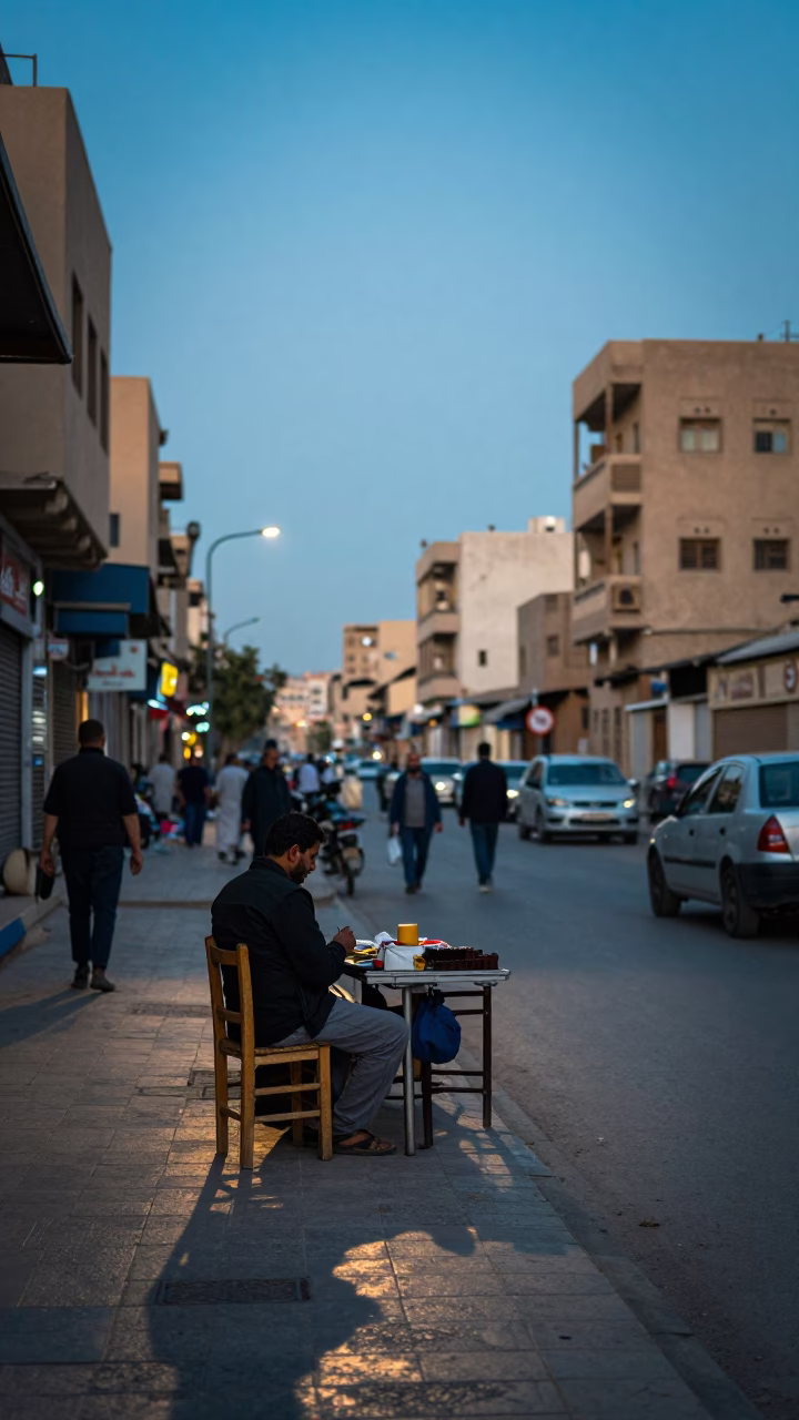 Cairo Egypt Early Evening Street Scene with Blue and White Porcelain and Wooden Chair in in Cairo, Egypt