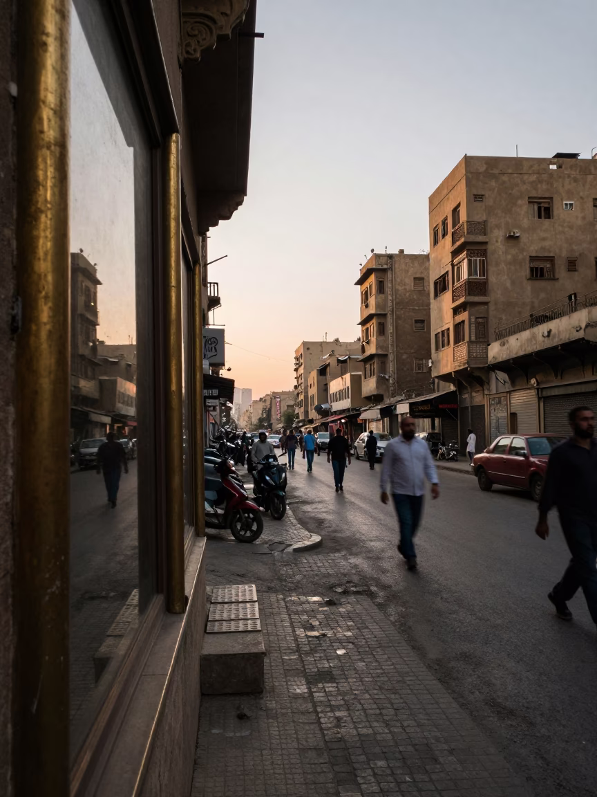 Cairo Egypt Early Evening Street Scene with Brass Window Reflections and Daily Life in in Cairo, Egypt