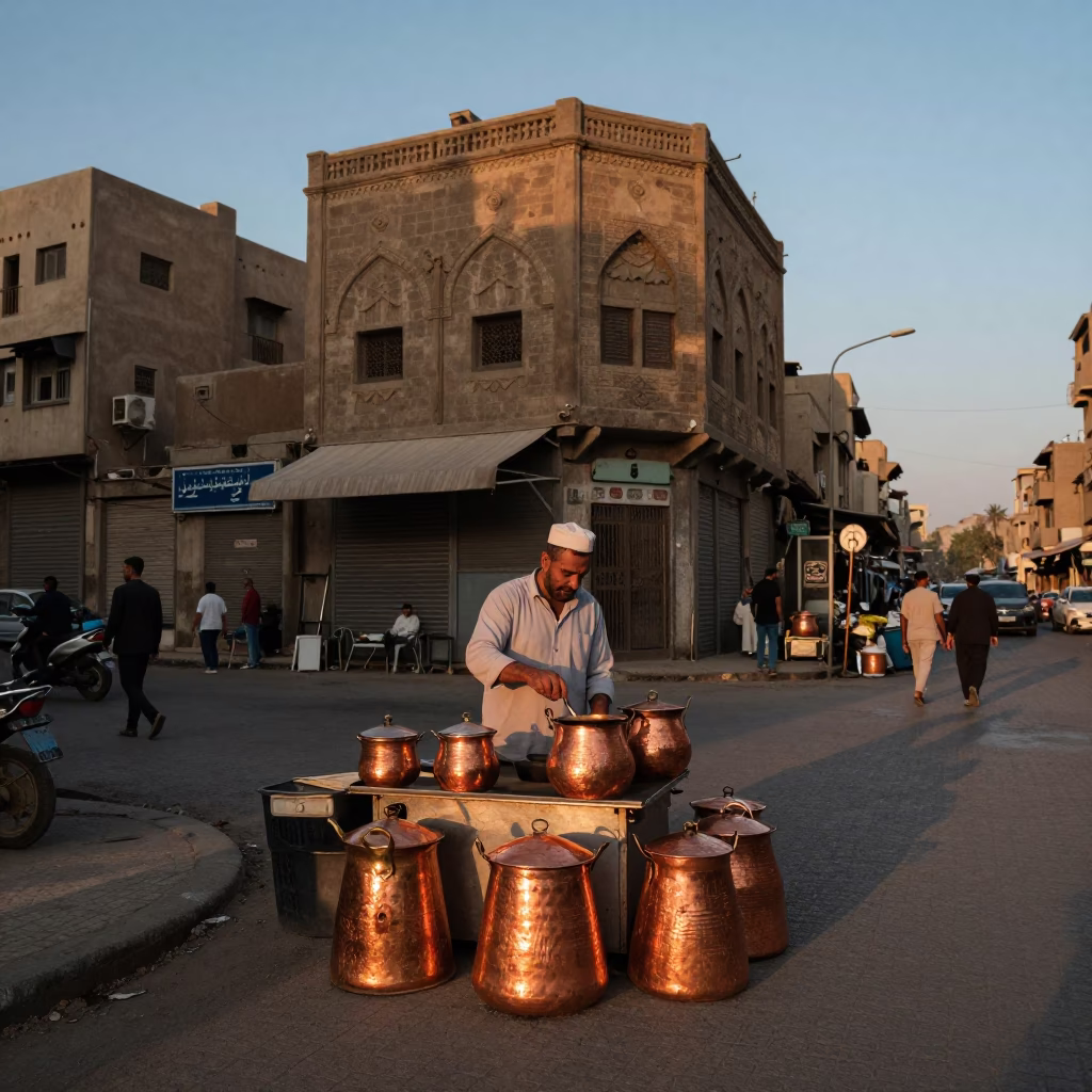 Cairo Egypt Early Evening Street Scene with Copper Pots and Steam Haze in in Cairo, Egypt