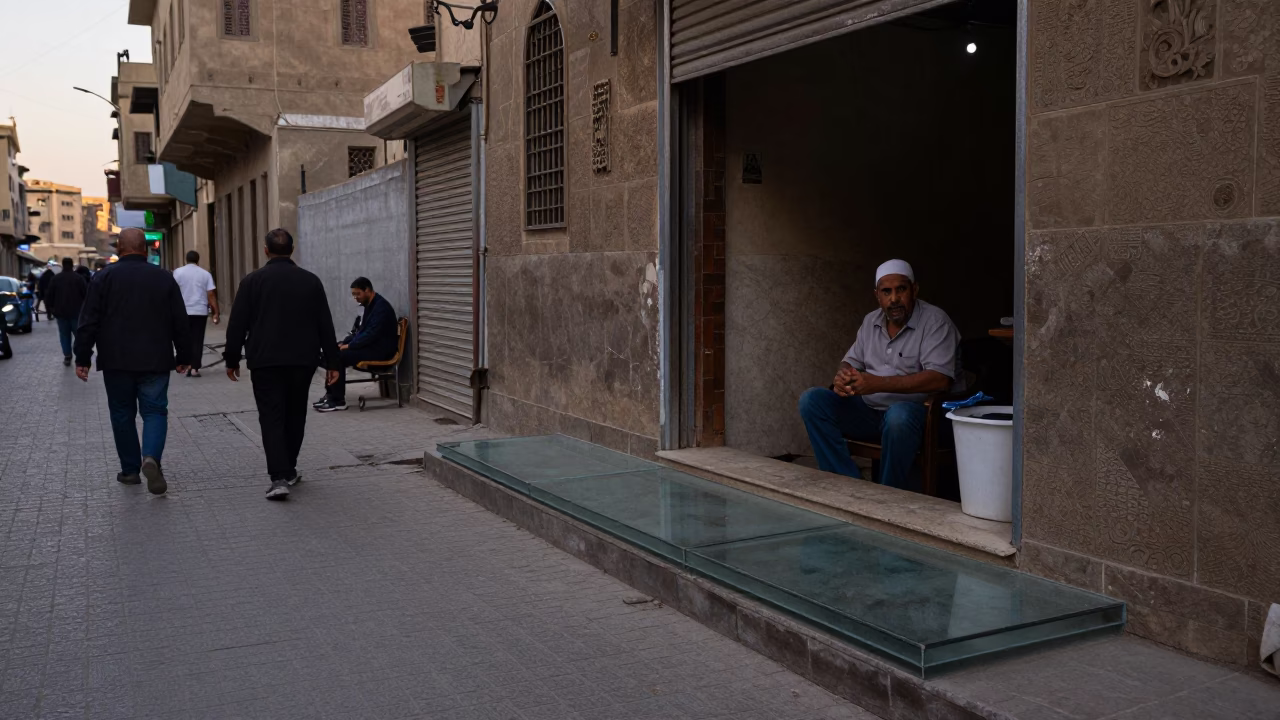 Cairo Egypt Early Evening Street Scene with Glass Sill and Paint Flecks in in Cairo, Egypt
