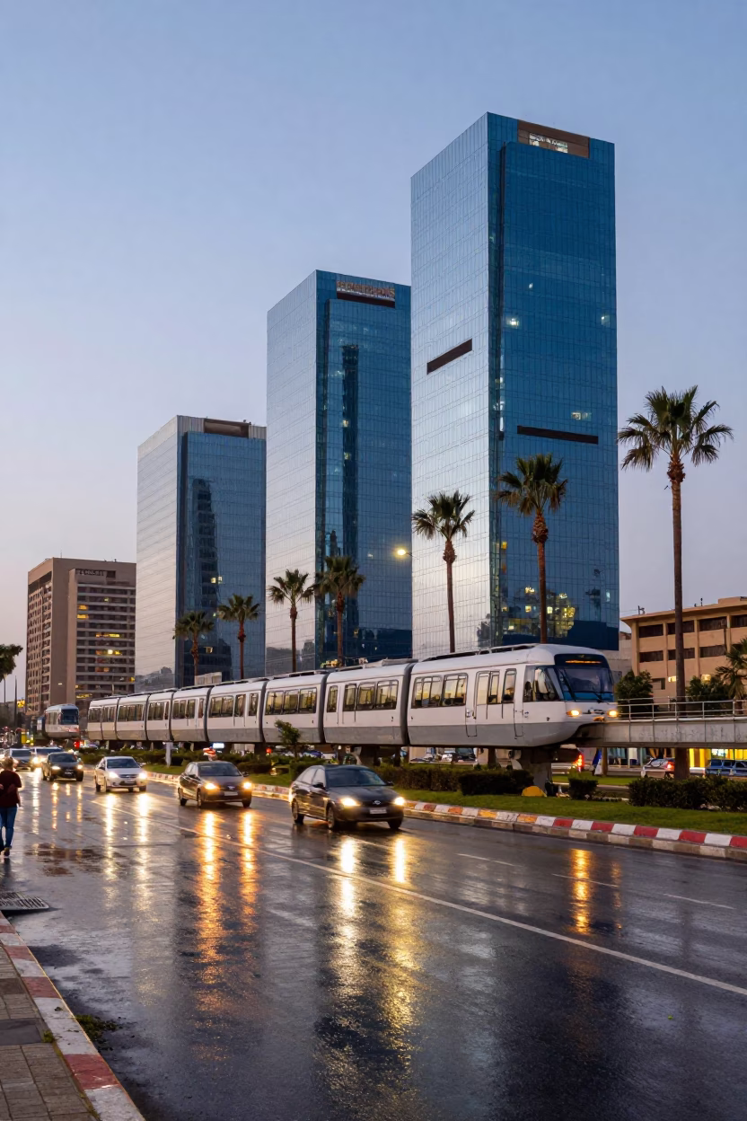 Cairo Egypt Early Evening Street Scene with Monorail Glass Towers and Palm Trees Reflection in in Cairo, Egypt