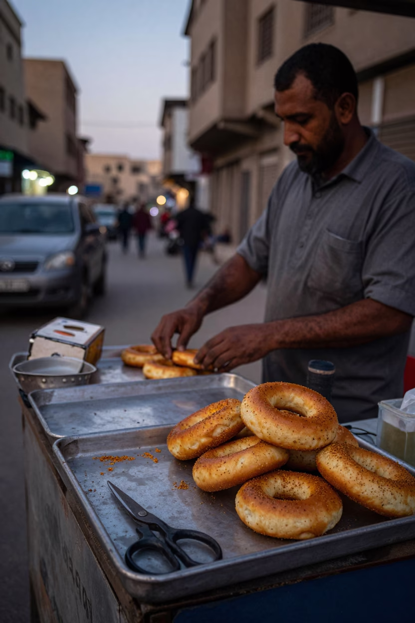 Cairo Egypt Early Evening Street Scene with Sewing Scissors and Mandazi Tray in in Cairo, Egypt