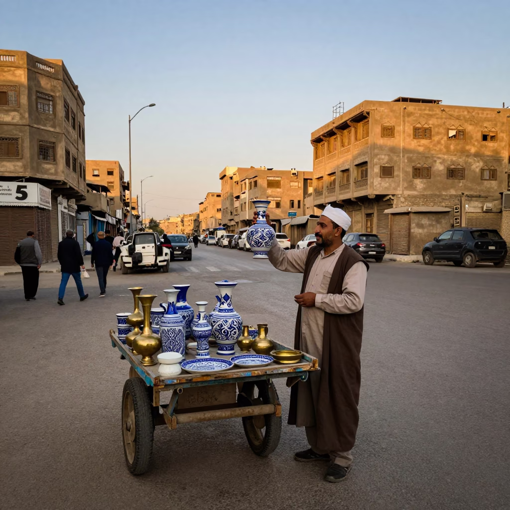 Cairo Egypt Early Evening Street Scene with Vase and Brass Rim in in Cairo, Egypt