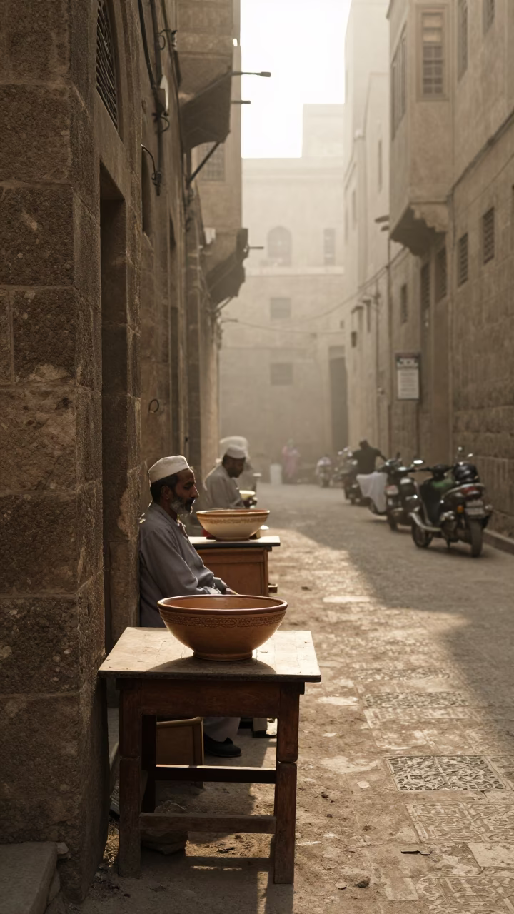 Cairo Egypt Early Morning Street Scene with Ceramic Bowl and Fruit Crate in in Cairo, Egypt