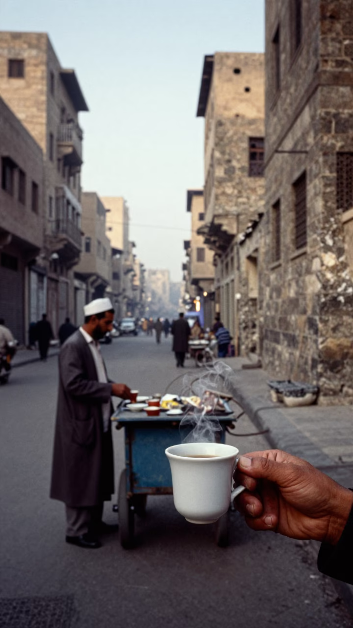 Cairo Egypt Early Morning Street Scene with Ceramic Cup and Brushed Steel Chair Rung in in Cairo, Egypt