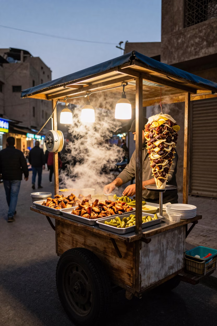 Cairo Egypt Evening Street Food Stall Kite Reel and Shawarma Plate in in Cairo, Egypt