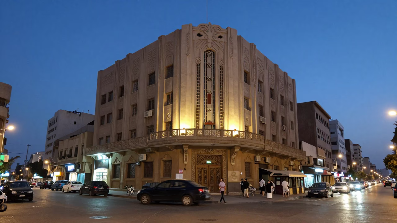 Cairo Egypt Evening Street Scene with Art Deco Hotel Facade and Local Life in in Cairo, Egypt