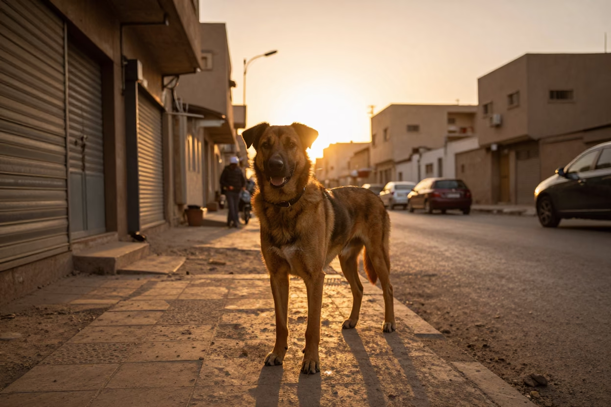 Cairo Egypt Evening Street Scene with Beauceron Dog and Traditional Bakery Tray in in Cairo, Egypt