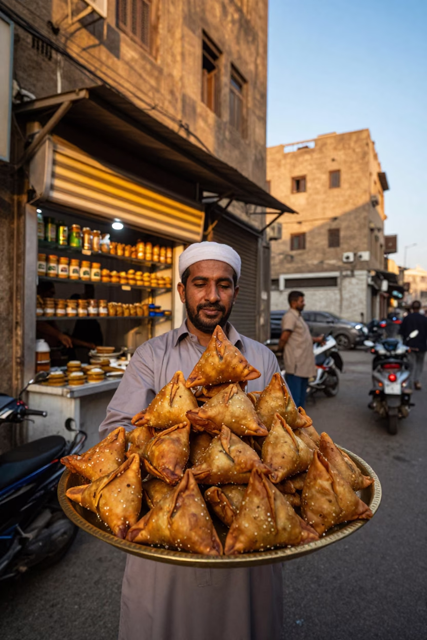 Cairo Egypt Evening Street Scene with Brass Plate of Samosas and Honeyed Light in in Cairo, Egypt