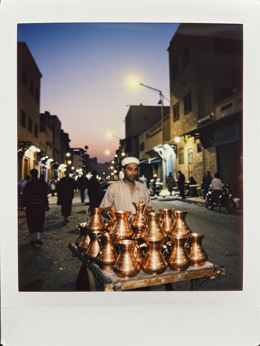 Cairo Egypt Evening Street Scene with Copper Pots and Traditional Market Activity in in Cairo, Egypt