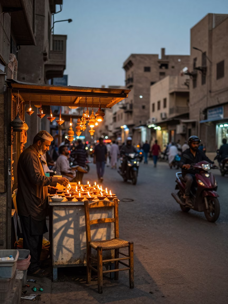 Cairo Egypt Evening Street Scene with Diwali Oil Lamps and Traditional Architecture in in Cairo, Egypt