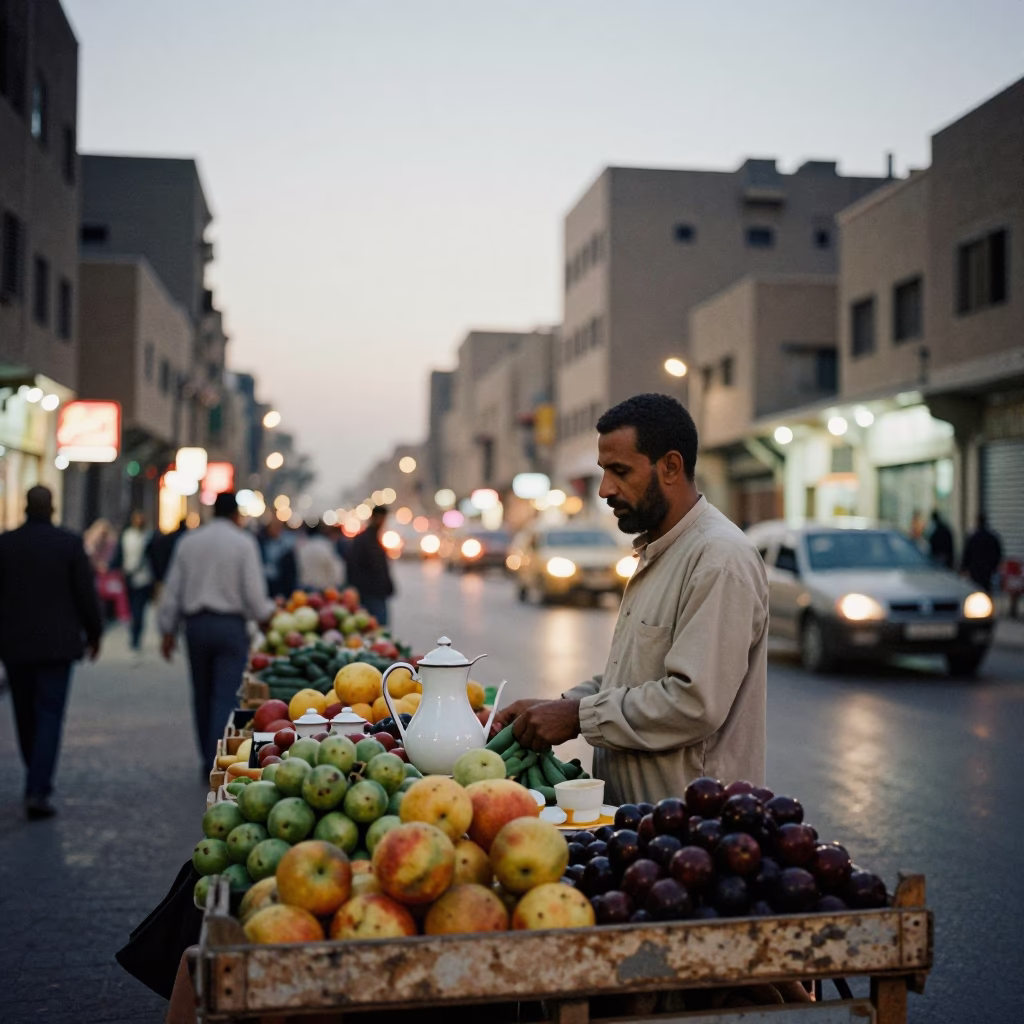 Cairo Egypt Evening Street Scene with Enamel Pitcher and Fruit Crate at Dusk in in Cairo, Egypt