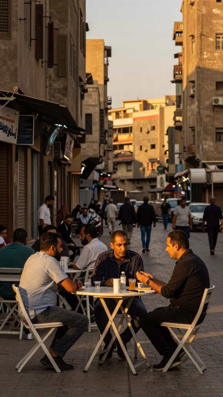Cairo Egypt Evening Street Scene with Folding Tables and Urban Life in in Cairo, Egypt