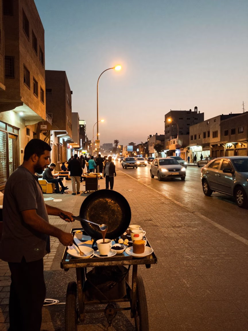 Cairo Egypt Evening Street Scene with Hot Chocolate and Skillet at Dusk in in Cairo, Egypt