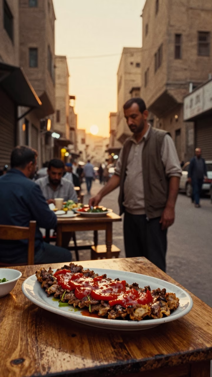 Cairo Egypt Evening Street Scene with Iskender Kebab Plate and Trowel in in Cairo, Egypt