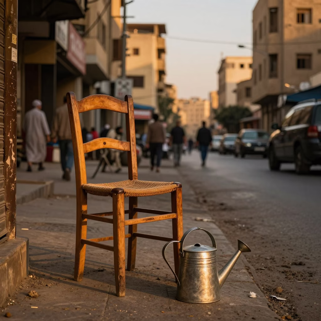 Cairo Egypt Evening Street Scene with Ladder Back Chair and Watering Jug in in Cairo, Egypt