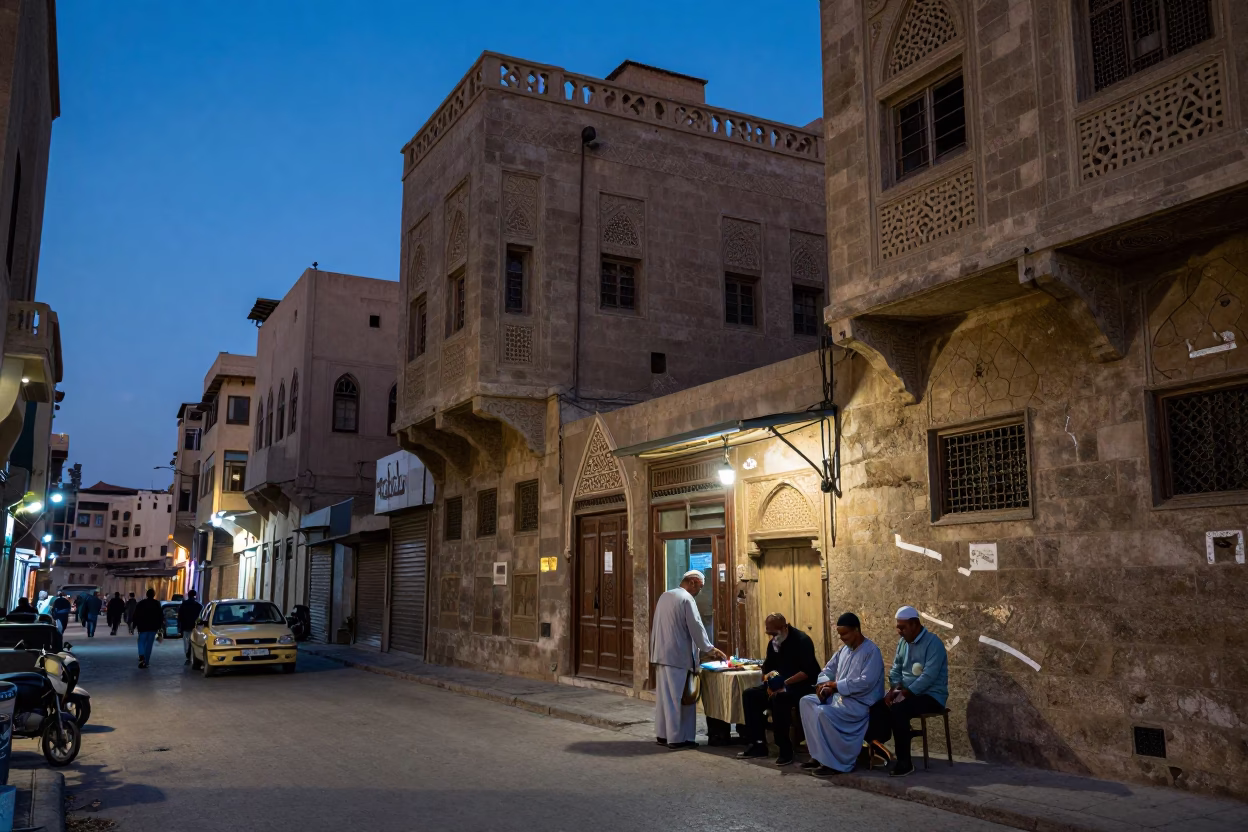 Cairo Egypt Evening Street Scene with Local Vendor and Traditional Architecture in in Cairo, Egypt