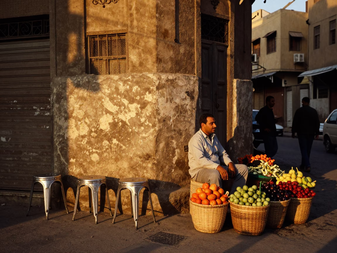 Cairo Egypt Evening Street Scene with Metal Stools and Local Life in in Cairo, Egypt