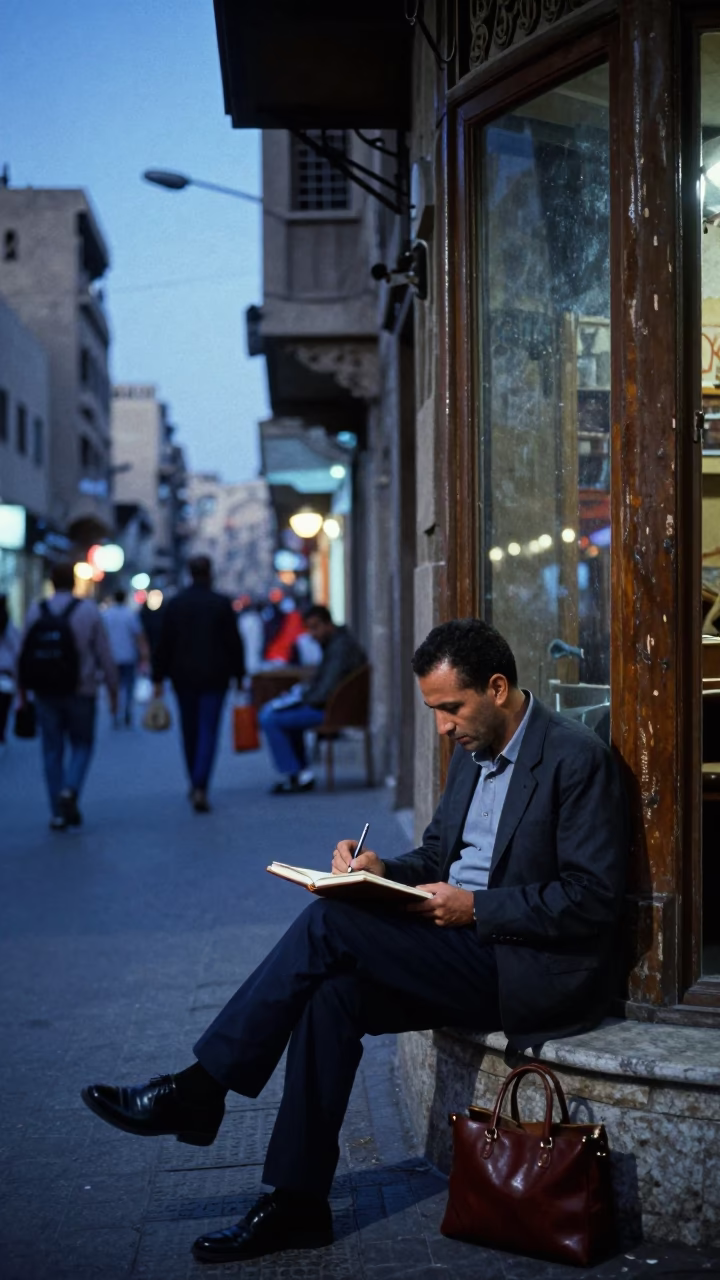 Cairo Egypt Evening Street Scene with Notebook and Glass Window Reflection in in Cairo, Egypt