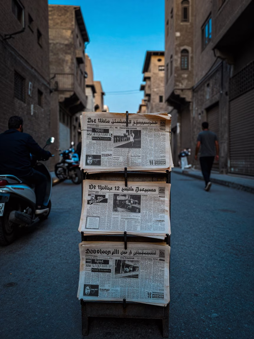 Cairo Egypt Evening Street Scene with Old Newspaper Stand and Local Commerce in in Cairo, Egypt